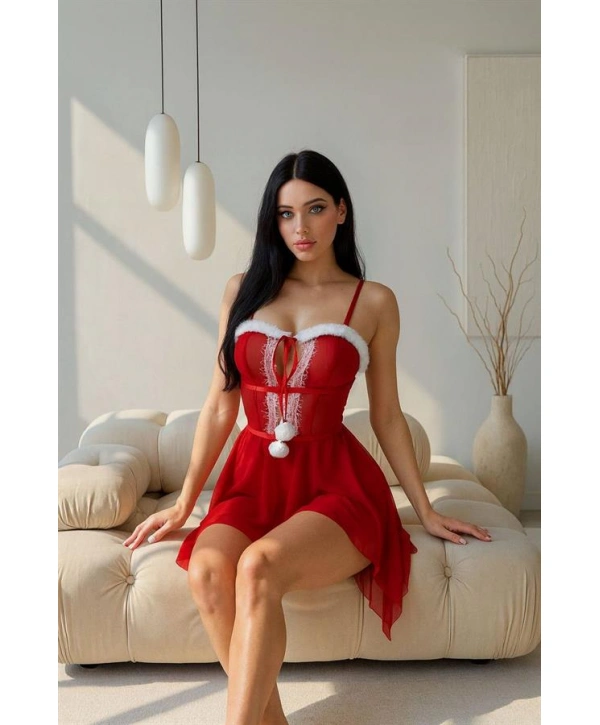 Arias Closet Kırmızı Dantel İşlemeli Fantezi Yılbaşı Özel Tül Gecelik