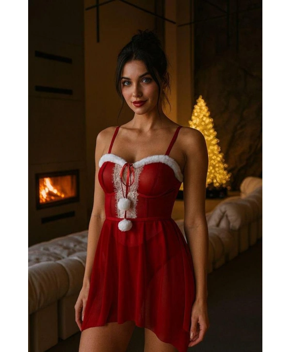 Arias Closet Kırmızı Dantel İşlemeli Fantezi Yılbaşı Özel Tül Gecelik