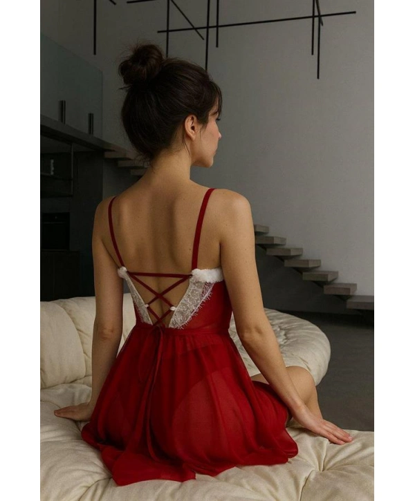 Arias Closet Kırmızı Dantel İşlemeli Fantezi Yılbaşı Özel Tül Gecelik