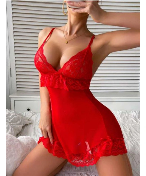 Kırmızı Dantel İşlemeli İnce Askılı Likralı Fantezi Tül Gecelik