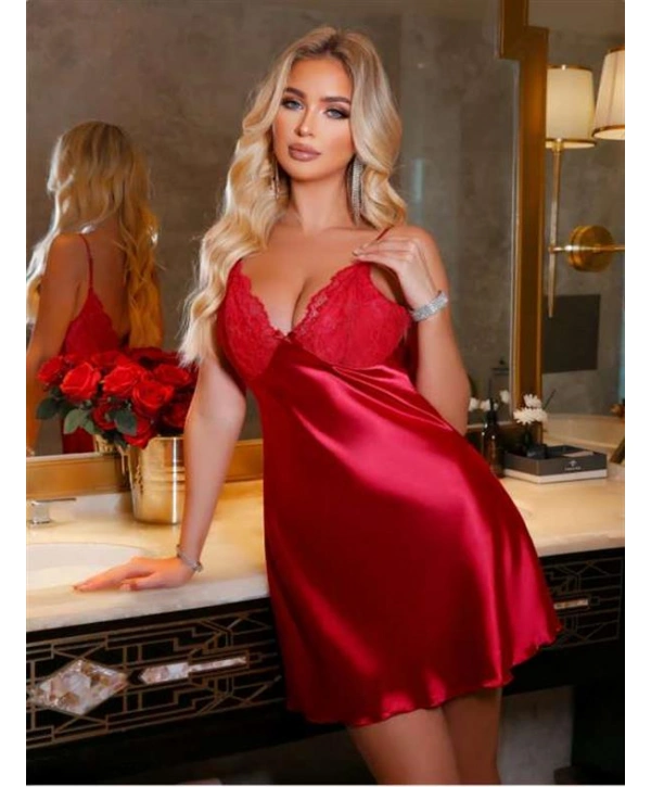 Kırmızı Dantel İşlemeli İnce Askılı Saten Kısa Fantezi Gecelik