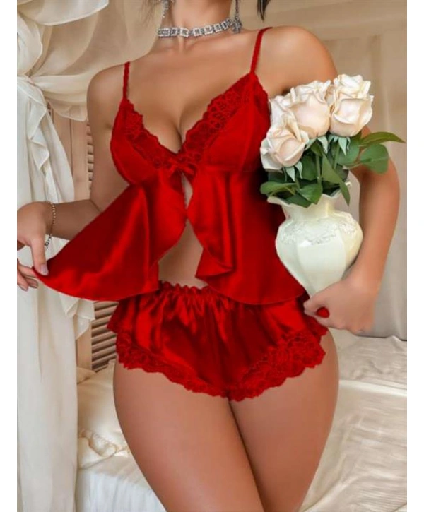 Morliva Kırmızı Dantel İşlemeli İnce Askılı Saten Şortlu Takım