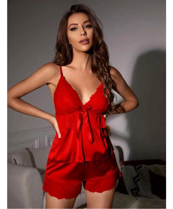 Arias Closet Kırmızı Dantel İşlemeli Kurdelalı İnce Askılı Saten Şortlu Takım