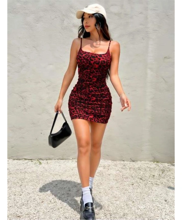 Morliva Kırmızı Leopar Desenli Büzgülü Fantezi Elbise