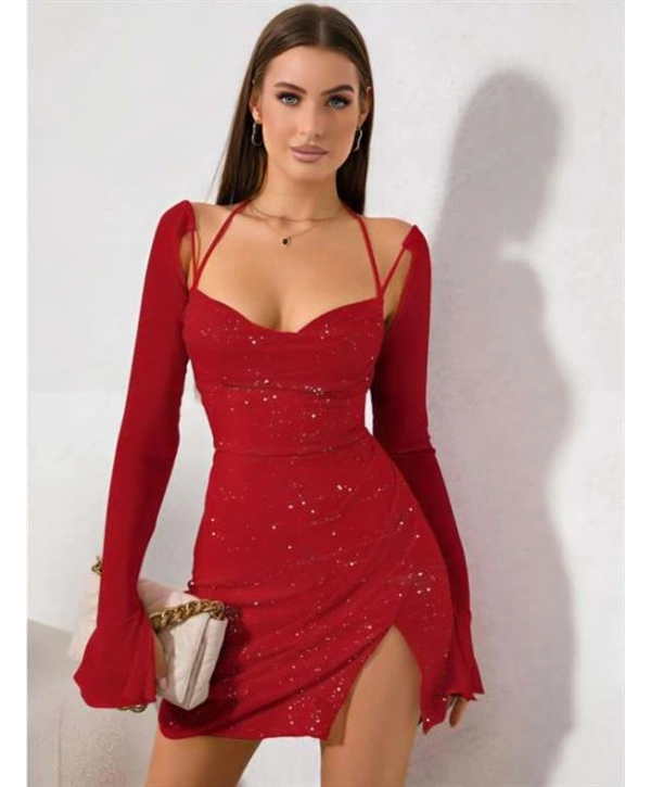 Morliva Kırmızı Yırtmaç Detay Simli Fantezi Mini Club Elbisesi