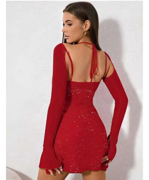 Morliva Kırmızı Yırtmaç Detay Simli Fantezi Mini Club Elbisesi