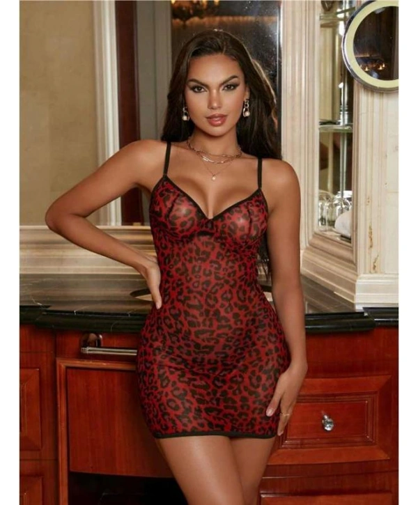 Leopar Desenli Sırt İp Detaylı Askılı Saten Kısa Fantezi Gecelik