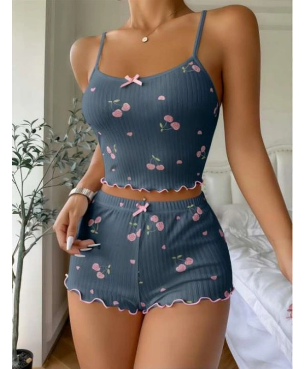 Mavi Kiraz Desenli Askılı Şortlu Pijama Takımı