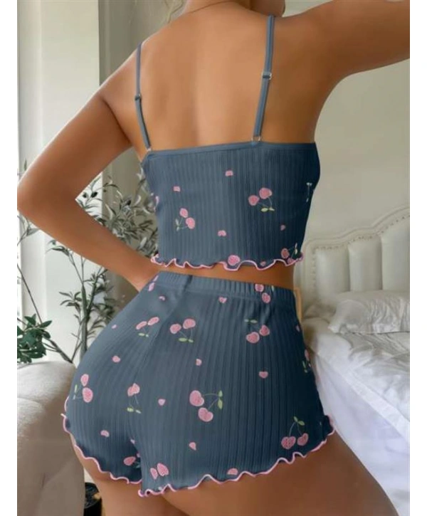 Mavi Kiraz Desenli Askılı Şortlu Pijama Takımı