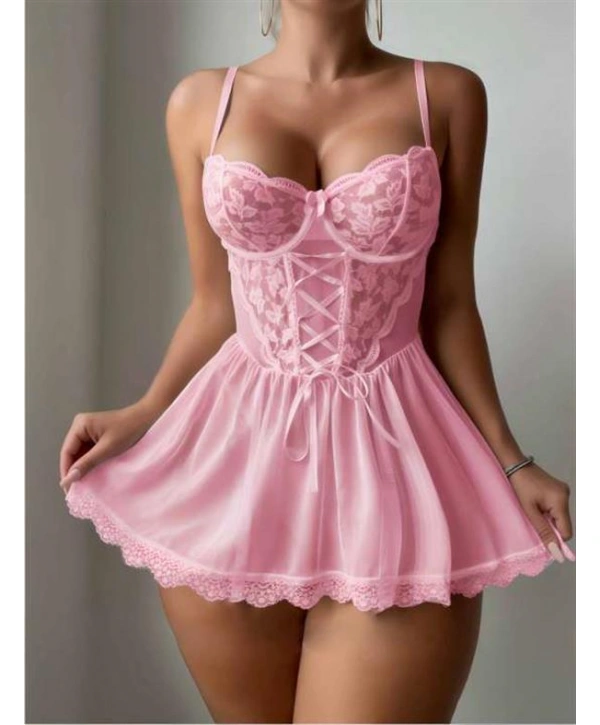 Arias Closet Özel Tasarım Pembe Dantel İşlemeli Tül Fantezi Gecelik