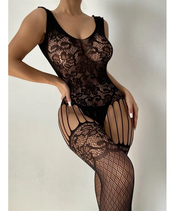 Morliva Özel Tasarım Siyah İp Detaylı Fantezi Body Vücut Çorabı