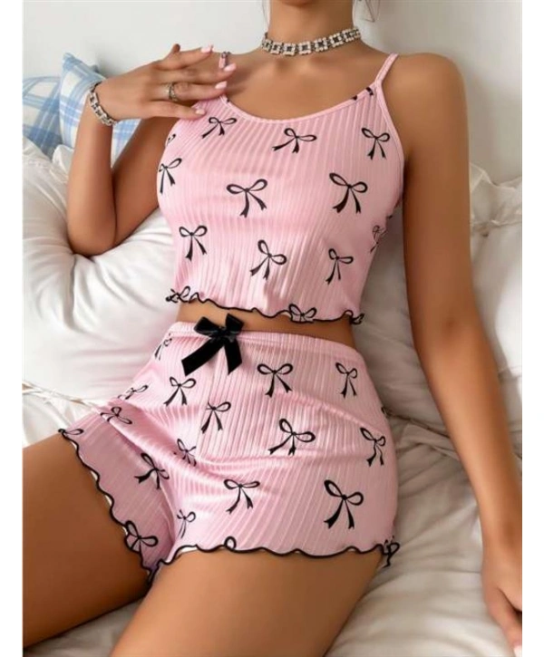 Morliva  Pembe Üstüne Siyah Kurdela Desenli Askılı Şortlu Pijama Takımı