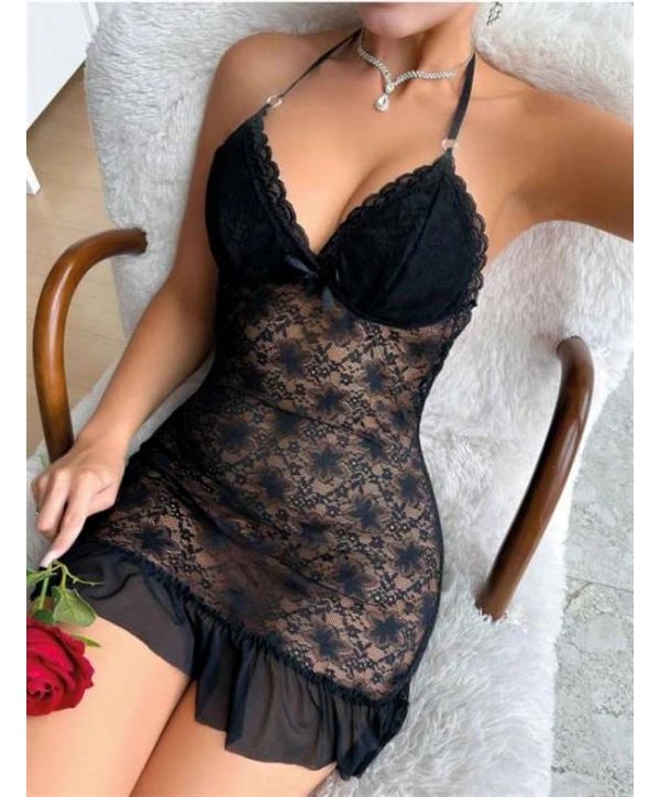 Siyah Dantel İşlemeli Boyundan Bağlamalı Likralı Fantezi Tül Gecelik