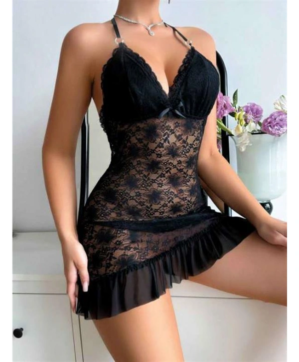 Siyah Dantel İşlemeli Boyundan Bağlamalı Likralı Fantezi Tül Gecelik