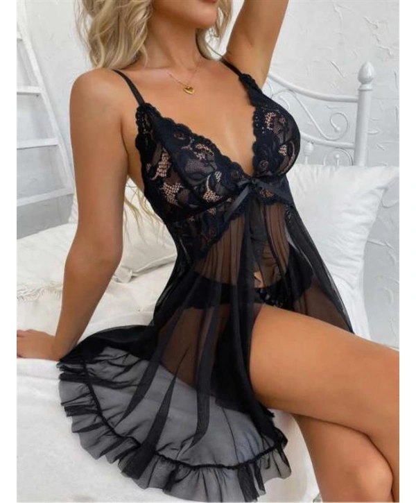 Siyah Dantel İşlemeli İnce Askılı Yırtmaçlı Fantezi Tül Gecelik