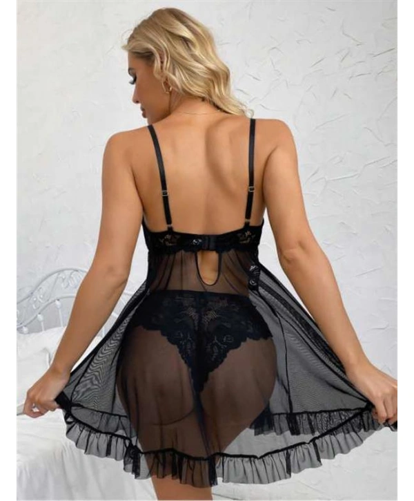 Siyah Dantel İşlemeli İnce Askılı Yırtmaçlı Fantezi Tül Gecelik