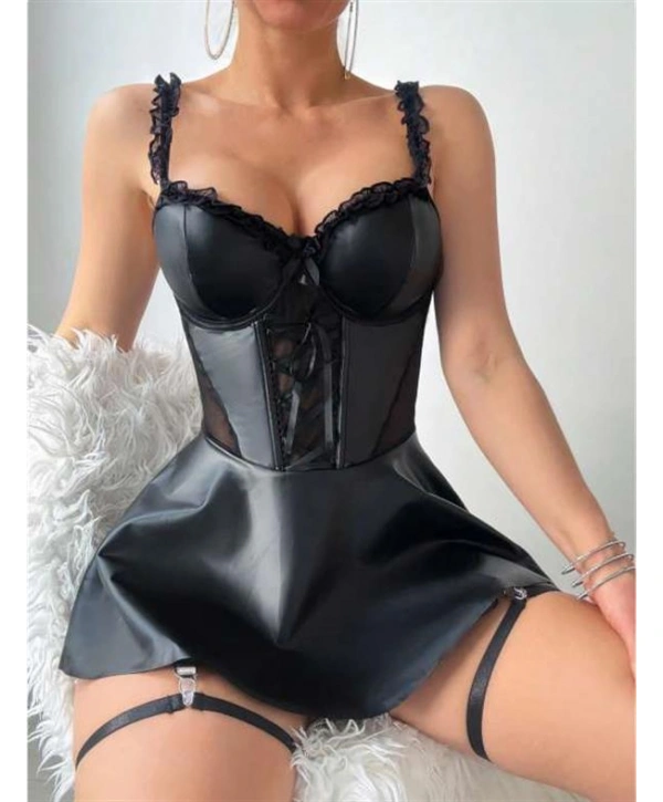 Morliva Siyah Etekli Pileli Jartiyer Görünümlü Fantezi Deri Elbise