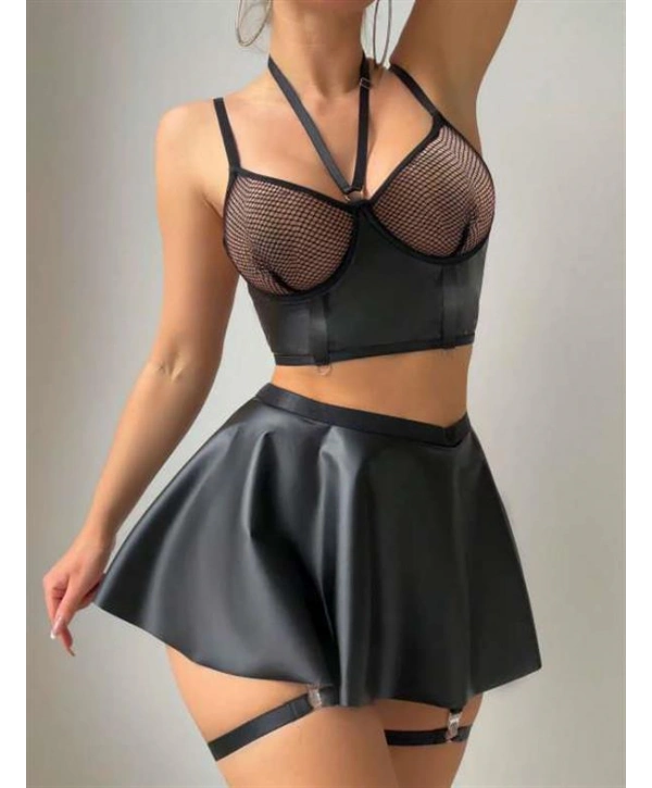 Morliva Siyah Etekli Pileli Jartiyer Görünümlü Fileli Fantezi Deri Elbise