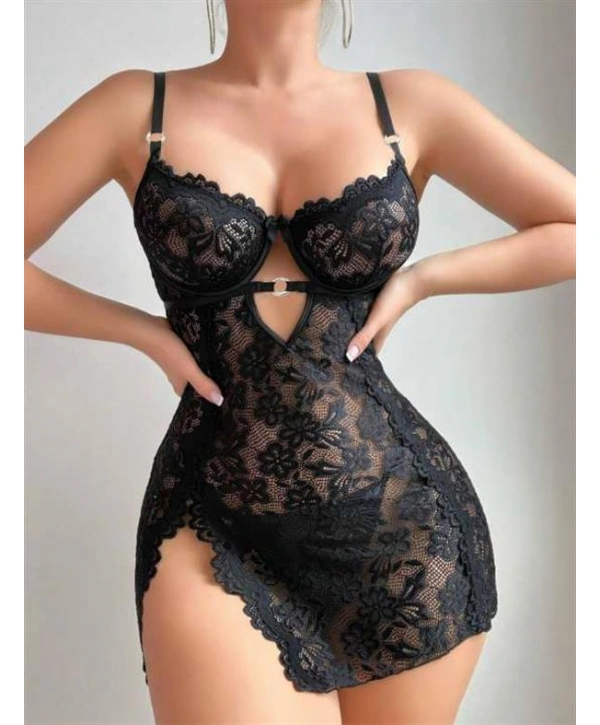 Siyah Full Dantel İşlemeli İnce Askılı Yırtmaçlı Likralı Fantezi Gecelik