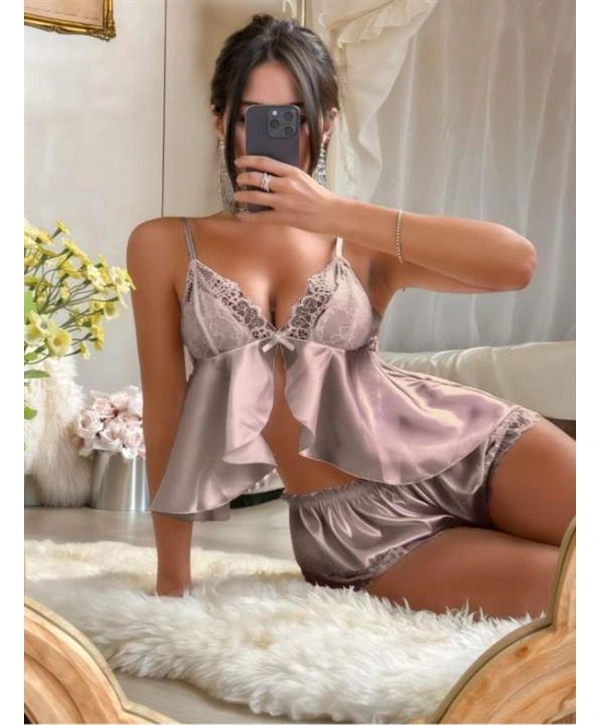 Vizon Dantel İşlemeli İnce Askılı Saten Şortlu Takım