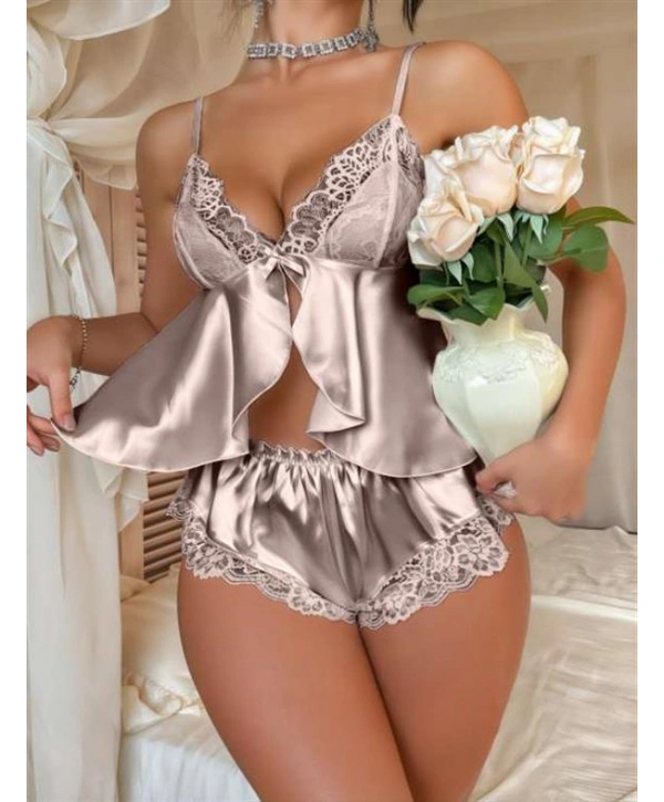 Vizon Dantel İşlemeli İnce Askılı Saten Şortlu Takım