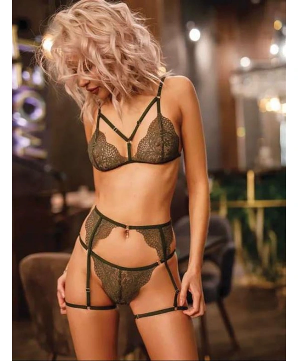Arias Closet Yeşil Göğüs İp Detaylı Fantezi Jartiyer Takım