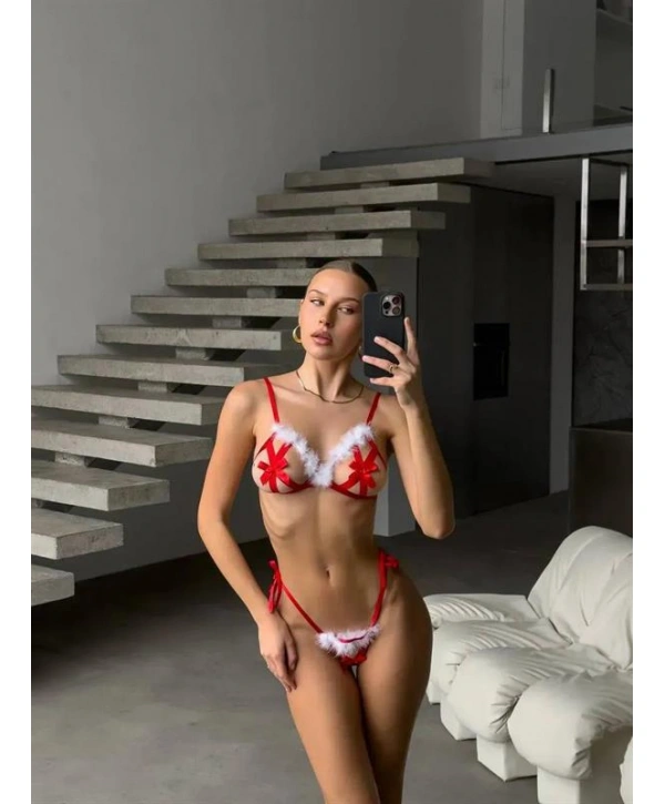 Arias Closet Yılbaşı Özel Tasarım Kırmızı Tüy İşlemeli Fantezi Sütyen String Takımı