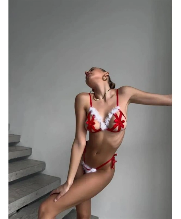 Arias Closet Yılbaşı Özel Tasarım Kırmızı Tüy İşlemeli Fantezi Sütyen String Takımı