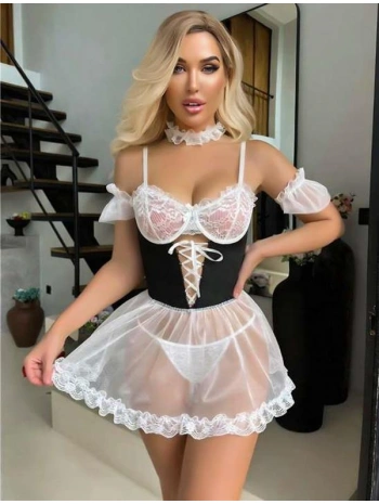 Morliva Beyaz Dantel İşlemeli Büstiyerli Fantezi Tül Gecelik