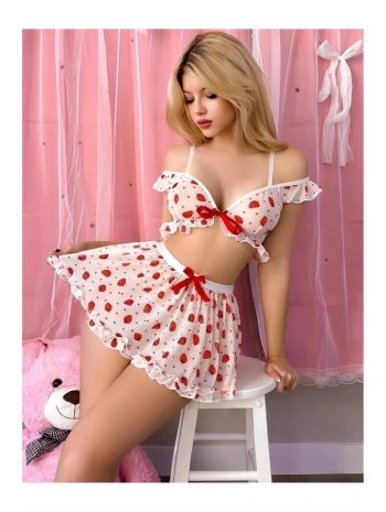 Morliva Beyaz Üstüne Çilek Desenli Etekli Fantezi Sütyen Takımı