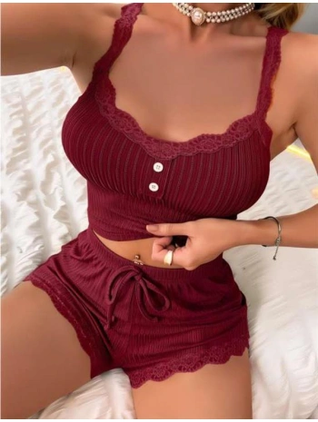 Bordo Dantel İşlemeli Fitilli Askılı Şortlu Pijama Takımı