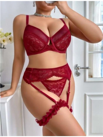 Morliva  Büyük Beden Bordo Dantel İşlemeli Sütyenli Fantezi Jartiyer Takımı