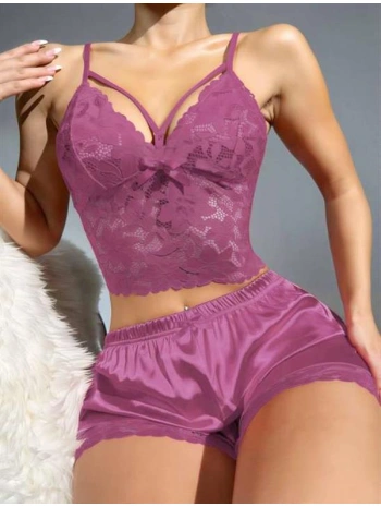 Dantelli Büstiyer İnce Askılı Lila Saten Şortlu Takım