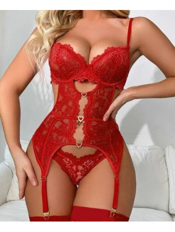 Kalp Aksesuarlı Dantelli Fantezi Kırmızı Jartiyer Takım