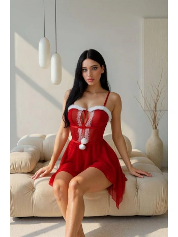 Arias Closet Kırmızı Dantel İşlemeli Fantezi Yılbaşı Özel Tül Gecelik