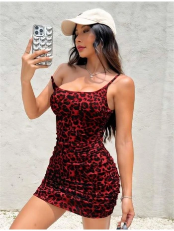 Morliva Kırmızı Leopar Desenli Büzgülü Fantezi Elbise