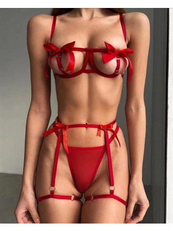 Morliva Özel Tasarım Kırmızı Kurdela Detaylı Jartiyerli Fantezi Sütyen String Takımı