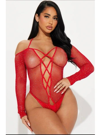 Morliva Özel Tasarım Kırmızı Taşlı Fantezi Vücut Çorabı