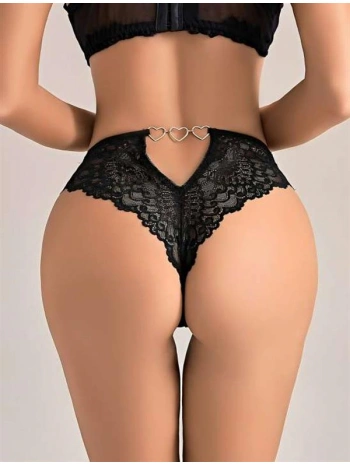 Morliva Siyah Dantel İşlemeli Arkası Kalp Detaylı Fantezi String Tanga