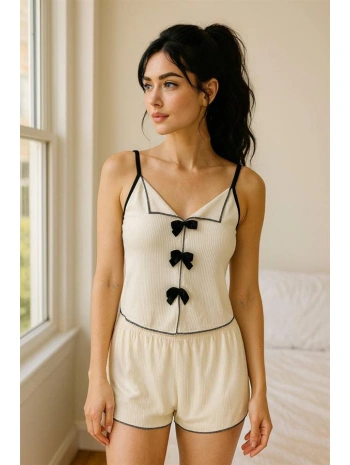 Morliva Siyah Kurdelalı Fitilli Askılı Şortlu Pijama Takımı