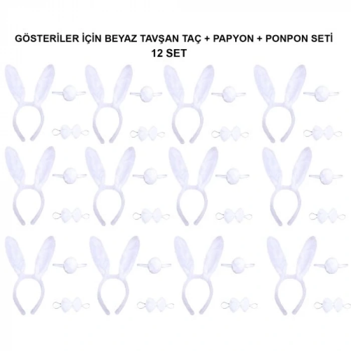 Beyaz Tavşan Kostüm Seti – Taç, Papyon, Kuyruk (12’li Paket)