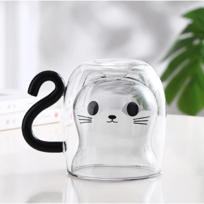 Kedi Figürlü Çift Cidarlı Cam Bardak
