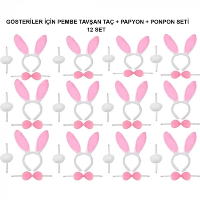 Pembe Tavşan Kostüm Seti – Taç, Papyon, Ponpon (12’li Paket)