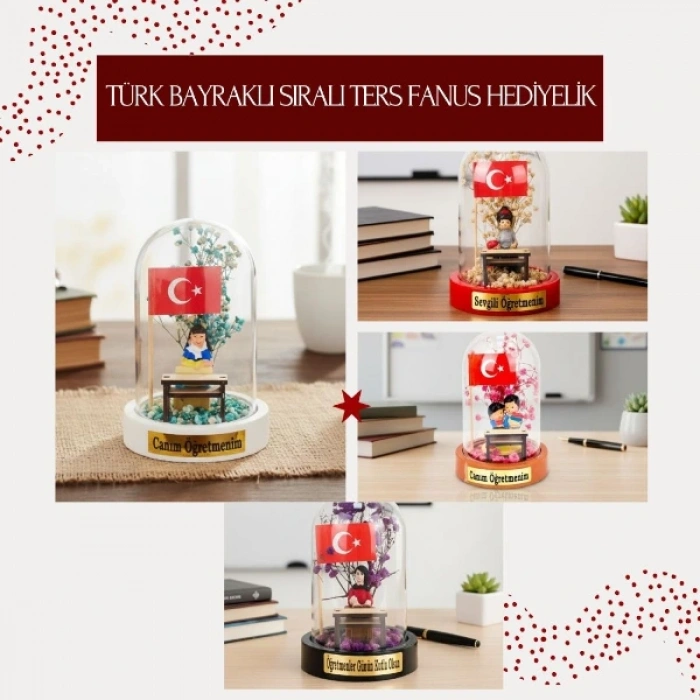 Türk Bayraklı Sıralı Ters Fanus - Öğretmenler Günü Hediyesi