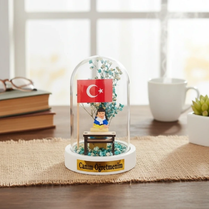 Türk Bayraklı Sıralı Ters Fanus - Öğretmenler Günü Hediyesi