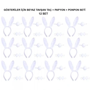 Beyaz Tavşan Kostüm Seti – Taç, Papyon, Kuyruk (12’li Paket)