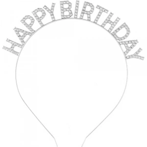 Gümüş Kristal Taşlı Happy Birthday Tacı