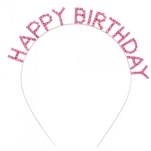 Pembe Kristal Taşlı Gold Happy Birthday Taçı