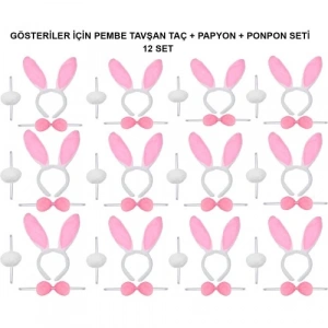 Pembe Tavşan Kostüm Seti – Taç, Papyon, Ponpon (12’li Paket)