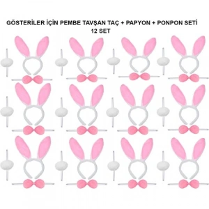 Pembe Tavşan Kostüm Seti – Taç, Papyon, Ponpon (12’li Paket)